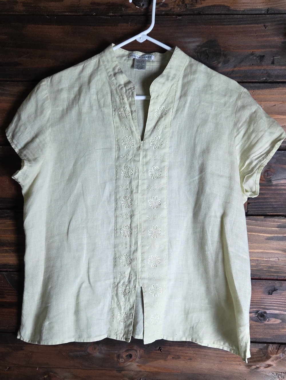 Vintage Ladies Pale Green Linen Embroidered Short-Sleeve Mandarin Collar Top XL